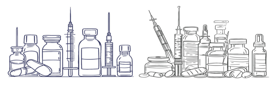 medical supplies sketch, syringes, pills, bottles clip art preview