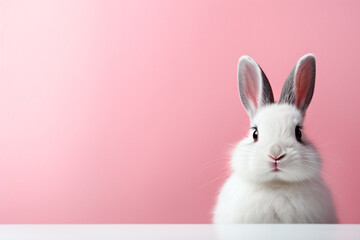 White rabbit close-up on a pink background, copy spaces