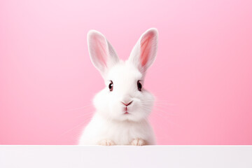 White rabbit close-up on a pink background
