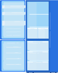 Blue empty fridge with freezer, open refrigerator with shelves. Kitchen appliance and modern home interior vector illustration.