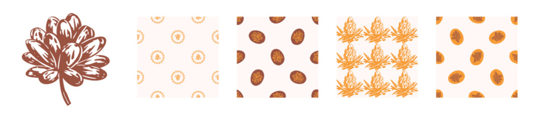 Block print rustic floral folkart motif and patten set. Vector quirky linocut leaf and scandi whimsical woodland design collection. Naive nature sprig folkart. 