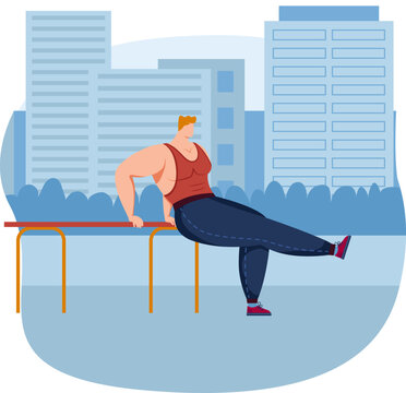 Muscular man performing outdoor workout in city. Sporty male exercising with parallel bars, urban fitness. Strength training routine vector illustration.
