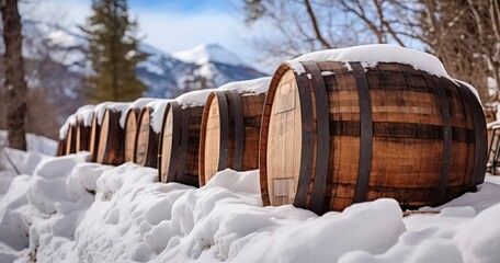 Traditional Wooden Barrels Bound by Metal Hoops Set Against a Snowy Mountain Backdrop