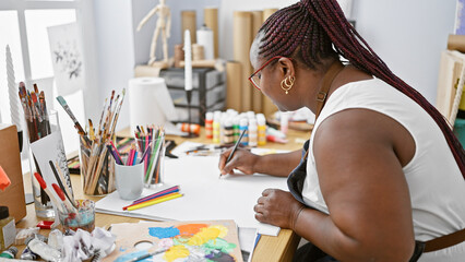 Focused african american woman, captivating artist, drawing with concentration on her notebook at...