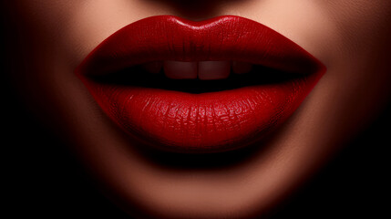 Fototapeta premium Red Lips Elegance: Close-Up Beauty and Glamour in Vibrant Passion