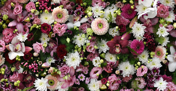  Flowers wall background with amazing pink and purple and white flowers, hand made Wedding decoration, Valentine or mother&acute;s day background. Colorful flowers mix. Pattern of flowers.