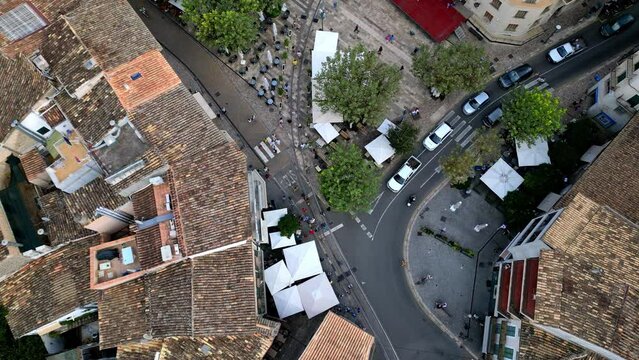 Soller, Mallorca, Balearic Islands, Spain. Famous tourist attraction. Old Spanish town between mountains top drone aerial view
