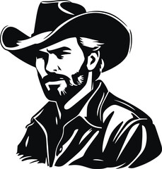 Cowboy man in a hat, Black Cowboy silhouette, Farmer head in a hat, Vector illustration