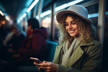 Caucasian female passenger sitting with smartphone in public transport in city at night - obrazy, fototapety, plakaty