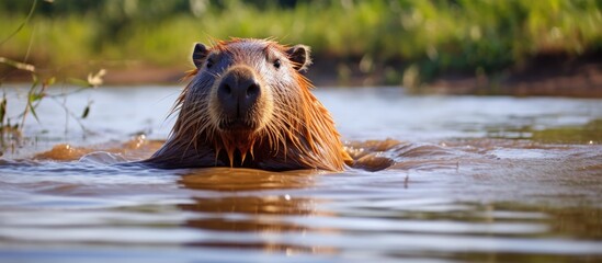 Gorgeous sight of a capybara in the Pantanal land - obrazy, fototapety, plakaty