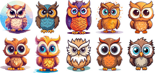 Cute owl, cartoon style illustration, on transparent background