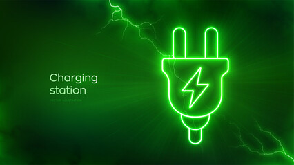 Charging station icon with electrical energy glow effect. Electric plug symbol. Charging point station concept. Electric supply station. Electrical discharge effects. Vector illustration.