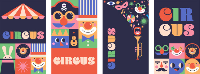 Circus, Carnival, Street Festival, Purim Carnival concept illustrations, Circus background. Geometric retro style design. Vector illustrations, posters, banner