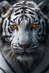 Close-Up Portrait of a Majestic White Tiger: Endangered Beauty with Piercing Blue Eyes. Stunning White Tiger Close-Up Showcasing Stripes and Blue Eyes