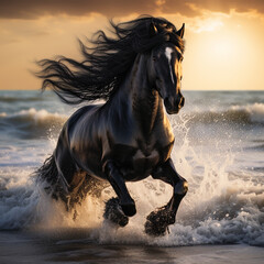 Obraz na płótnie Canvas a beautiful friesian horse runs in the sea waves and develops its mane in the morning at dawn