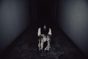 Portrait of asian woman make up ghost,Scary horror scene for background,Halloween festival...