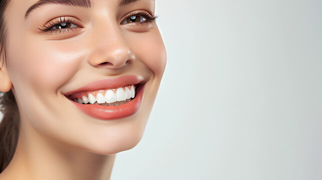 Perfect healthy teeth smile of a young woman. Teeth whitening. Dental clinic patient. Image symbolizes oral care dentistry, stomatology. Dentistry image