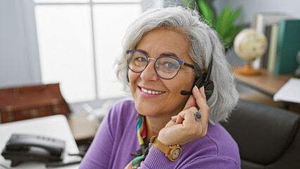 Smiling middle-aged woman with headset working in an office - obrazy, fototapety, plakaty