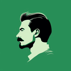ilustracion de estilo vintage de hombre de perfil con barba y bigote, sobre fondo de tonos verdes - obrazy, fototapety, plakaty
