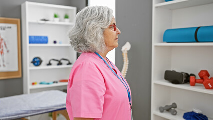 A mature woman in a pink scrubs stands thoughtfully in a well-equipped rehabilitation clinic's interior room.