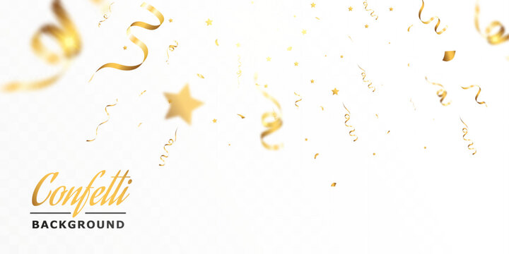 Confetti background.Birthday,anniversary,celebration banner.Falling shiny golden confetti.Background for anniversary party.Elements for preparing holiday.