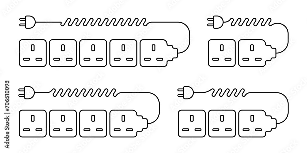 Poster extension cords vector icon set. line extension cord with plug. many connectors for electrical appli