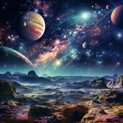 Ilustracion de paisaje espacial con superficie y varios planetas y lunas
