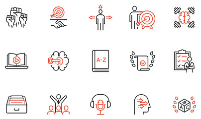 Vector Set of linear icons to business people training, tutorship, educational process and career progress. Mono line pictograms and infographics design elements - part 2