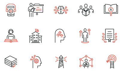 Vector Set of linear icons to business people training, tutorship, educational process and career progress. Mono line pictograms and infographics design elements - part 3