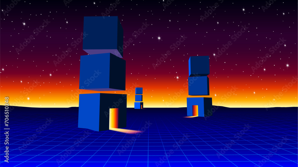 Poster futuristic landscape with portal cubes architectural abstraction. 80s styled synthwave surreal arcad