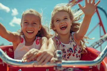 Happy and laughing young girls riding a roller coaster. Girls in an amusement park