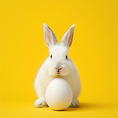 Fototapeta premium Easter Bunny with eggs on yellow background