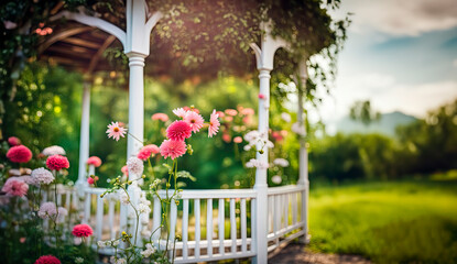 White canvas gazebo with garden flowers in a summer green lawn.