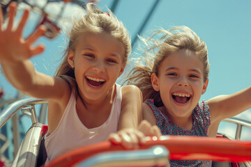 Fototapeta na wymiar Laughing young girls riding a roller coaster. Girls in an amusement park