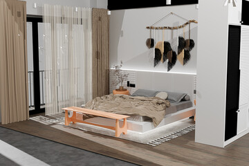 Luxury bedroom interior with double bed standing . 3d rendering