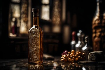 amber bottle of bourbon in a classy wooden blurry interior - obrazy, fototapety, plakaty