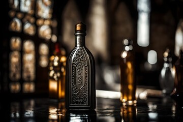 amber bottle of armagnac in a classy wooden blurry interior - obrazy, fototapety, plakaty