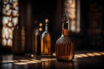 amber bottle of cognac in a classy wooden blurry interior