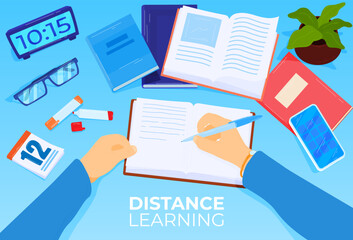 Hands writing in notebook with study materials for online education concept. Distance learning and virtual classroom vector illustration.