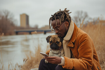 People sit outside using their phones with their dogs. The bond between a dog and its owner concept.
