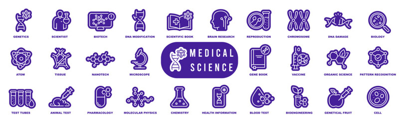 Medical lab icons. Science, dna, molecules research icon set