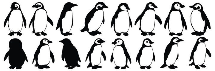 Penguin silhouettes set, large pack of vector silhouette design, isolated white background