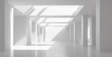 Modern minimal futuristic architectural with white interior background, marble floor