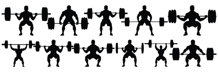 Bodybuilder fitness and gym silhouettes set, large pack of vector silhouette design, isolated white background - obrazy, fototapety, plakaty