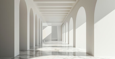Modern minimal futuristic architectural with white interior background, marble floor
