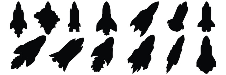Rocket space silhouettes set, large pack of vector silhouette design, isolated white background - obrazy, fototapety, plakaty