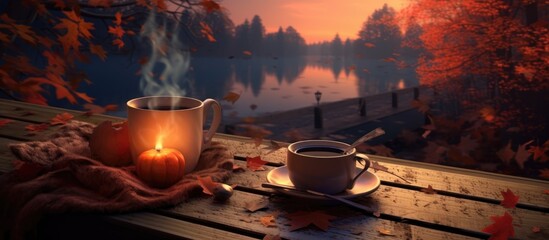 Obraz premium Cozy evening with a hot drink in autumn, filled with melancholy.