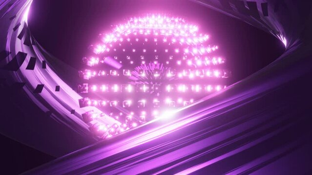 Psychedelic abstract bright disco ball seamless loop. Glowing purple color. Seamless loop background. Dance party. 3d render for music performance. Seamless VJ loop animation