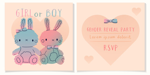 Gender Reveal banners girl or boy.iIvitation cards for baby and kids new born celebration,rsvp.Little rabbit bunny toys gradient color blue and pink. Vector illustration EPS 10