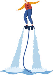 Man on flyboard above water with jets. Male in life jacket enjoying extreme water sports. Adventure and water activities vector illustration.
